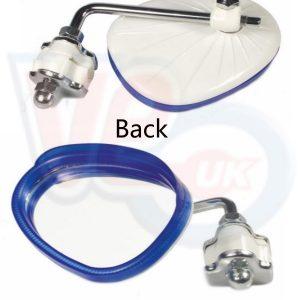 RIGHT LEGSHIELD MIRROR – CREAM BACK & TRANSPARENT BLUE RIM – MADE BY BUMM GERMANY
