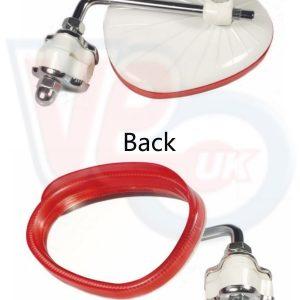 RIGHT LEGSHIELD MIRROR – CREAM BACK & TRANSPARENT RED RIM – MADE BY BUMM GERMANY